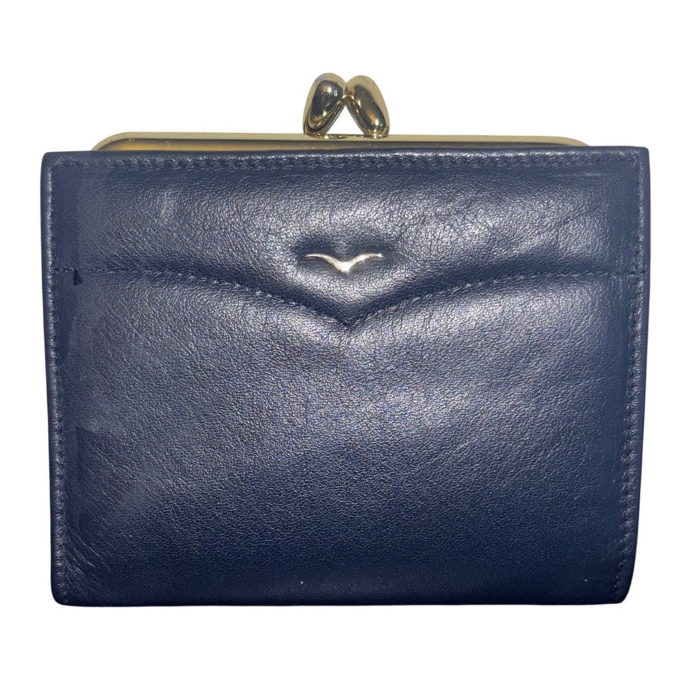 Tilley Vintage Navy Blue Genuine Leather Bifold Kiss Lock Wallet Made‎ in Canada